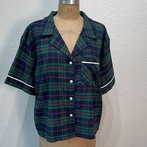She +‎ Sky Women Large Pajama Top Plaid Green Pink Button-Up Short Sleeve NWT